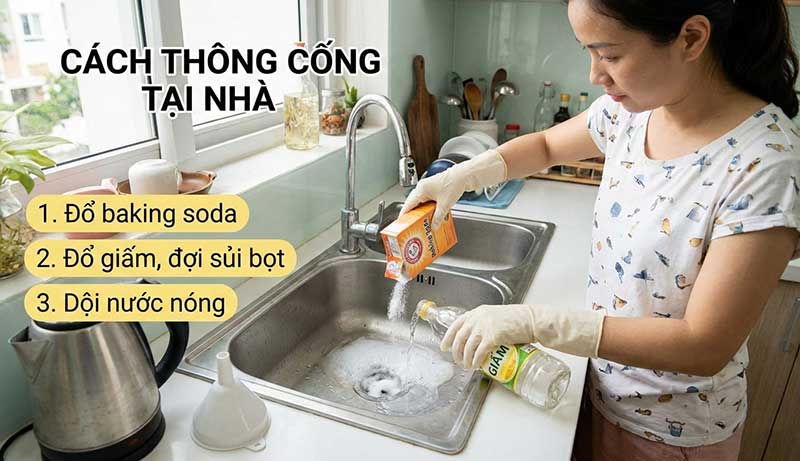 Hướng dẫn cách thông cống bằng baking soda và giấm từng bước