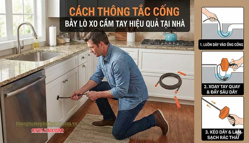 Cách thông tắc cống bằng dây lò xo cầm tay chi tiết từng bước