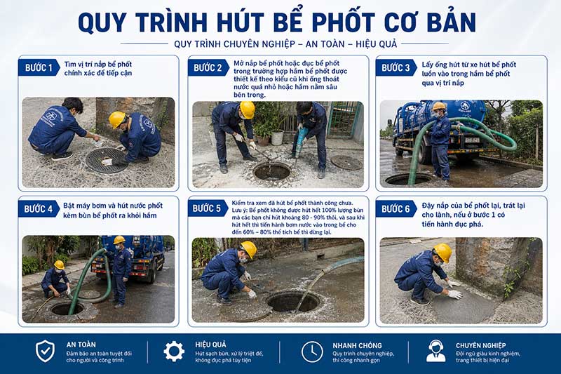 Quy trình hút bể phốt cơ bản: